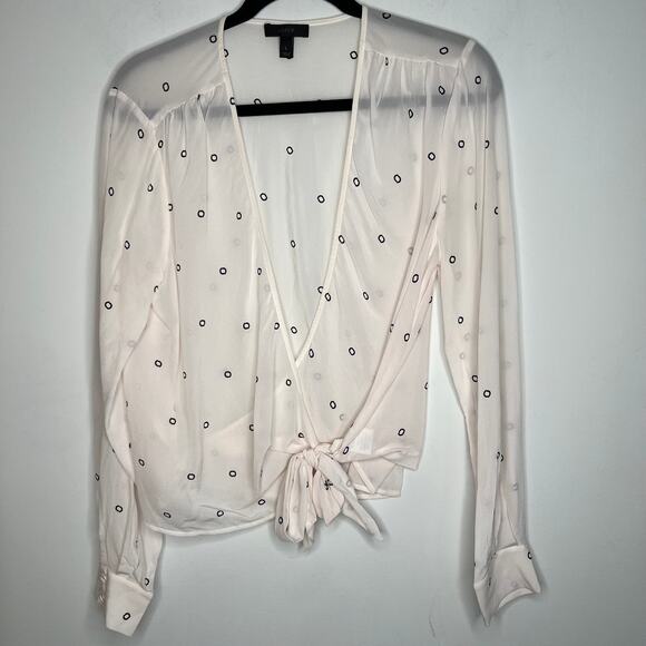 J. Crew Ivory Dot Sheer Silk Long Sleeve Wrap Top Size L - Picture 2 of 7